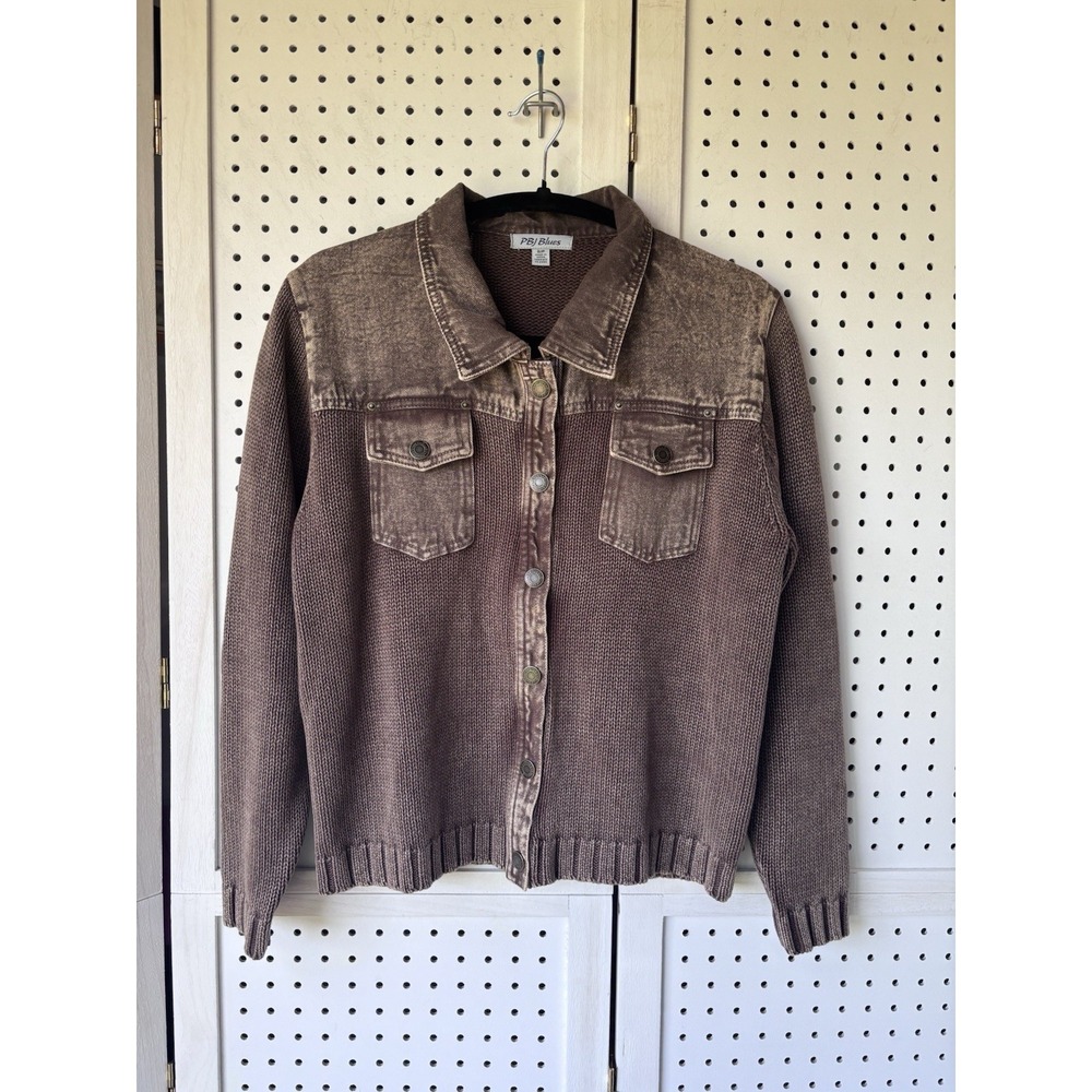 Vintage PBJ Blues Denim Knit Sweater Jacket Snap Buttons‎ Pockets Small Brown